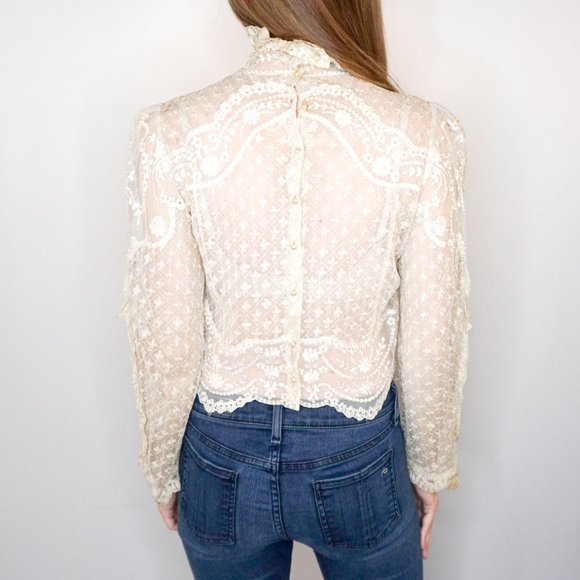ANTIQUE Ruffle Neck Long-Sleeve Ivory Lace Blouse - Picture 3 of 7